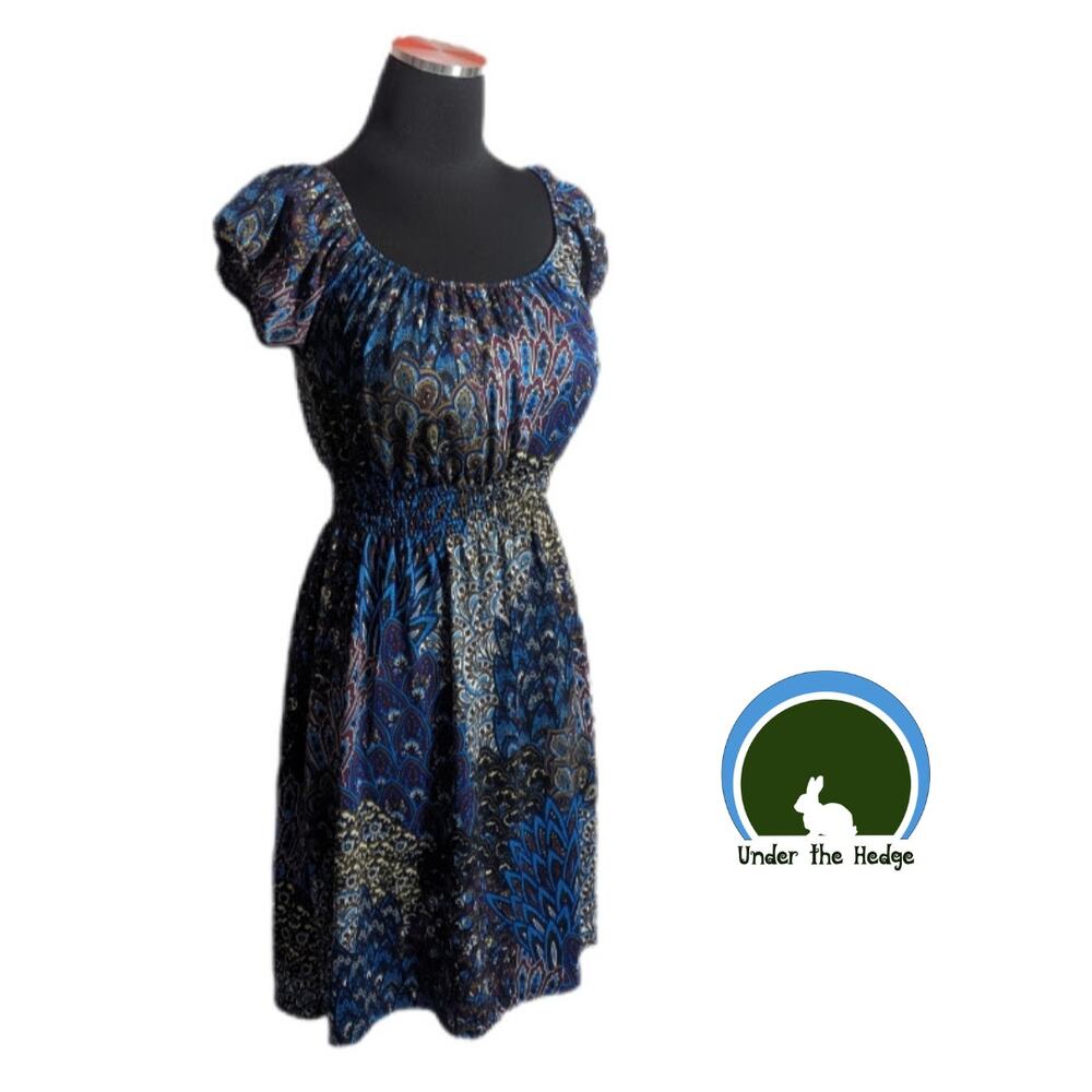 Y2K Hypnotik Blue Peacock Paisley Smock Dress Medium Fairy Cottage Indie